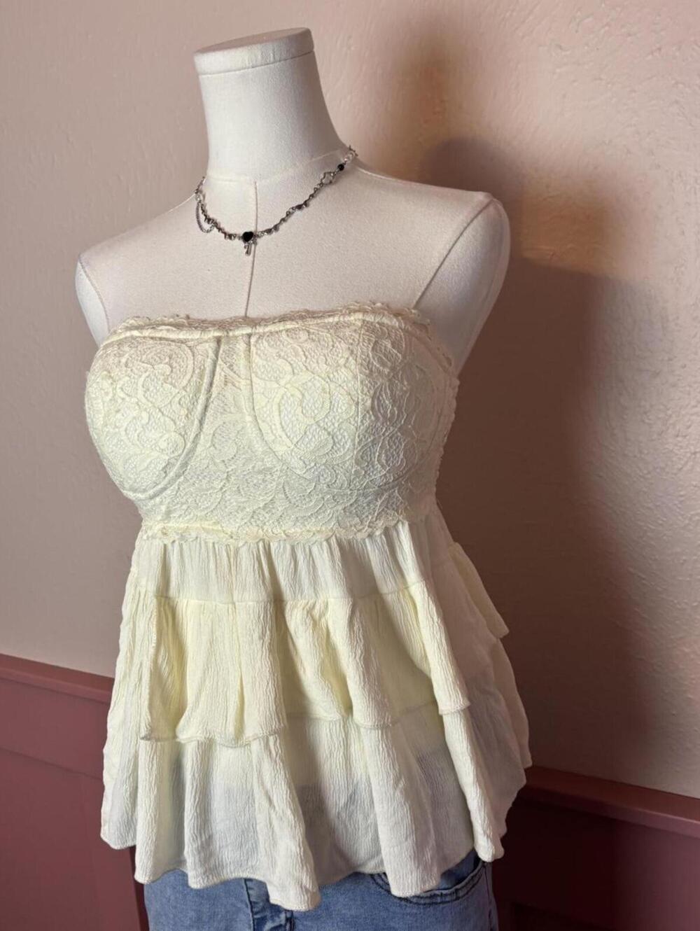 strapless lace fairy ruffle ballet top listicle cream small coquette soft girl